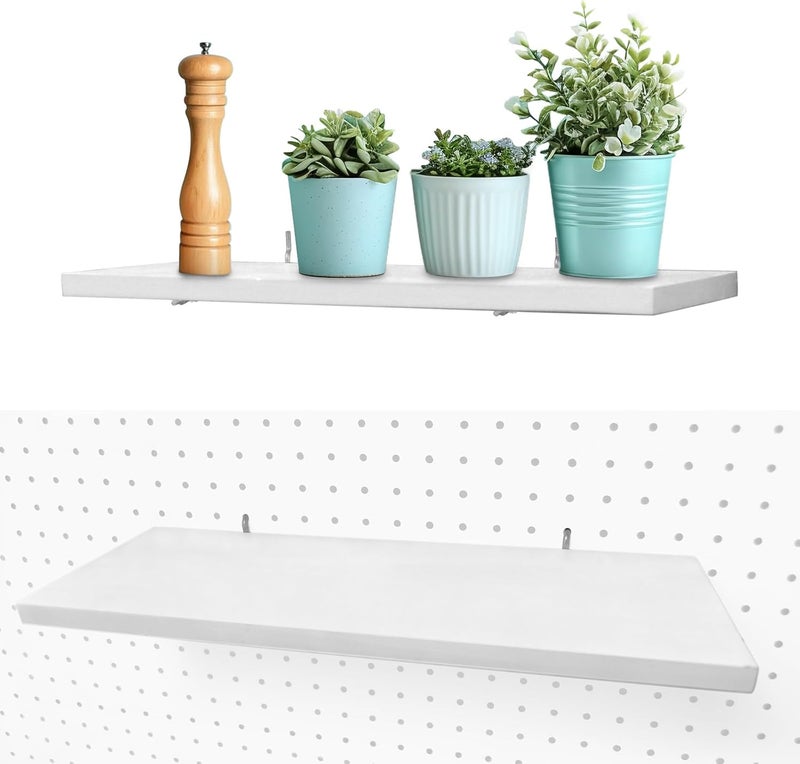 WOWKIT Pegboard Shelves, White 16" x 6" Large Peg Board Racks 2Pack Wall Organizer Shelf, 1/4 inch Heavy Duty Metal Brackets Fit All Pegboards, Wood Slats, Craft Garage Workbench Office Shelving Accessories - Image 1